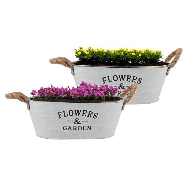 DK Design plantenpot/bloempot teil Jardin- 2x - zink - wit - L30 x D20 x H12 cm - Plantenpotten