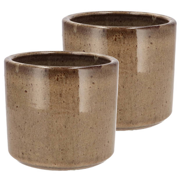 DK Design Bloempot model Brown Glaze - 2x - taupe - D15 x H17 cm - glanzend - Plantenpotten