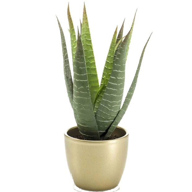 Kunstplant Aloe Vera - 2x - groen - in gouden pot - 23 cm - Kunstplanten