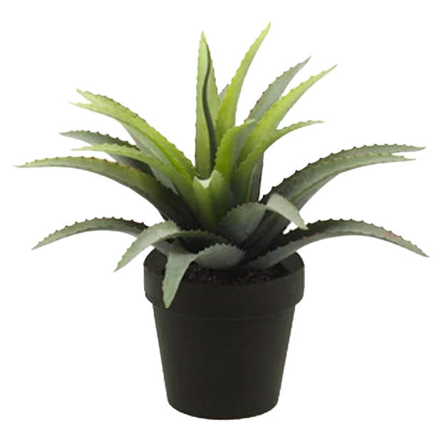 Kunstplant Agave Bush - 2x - groen met stekels - in zwarte pot - 18 cm - Kunstplanten