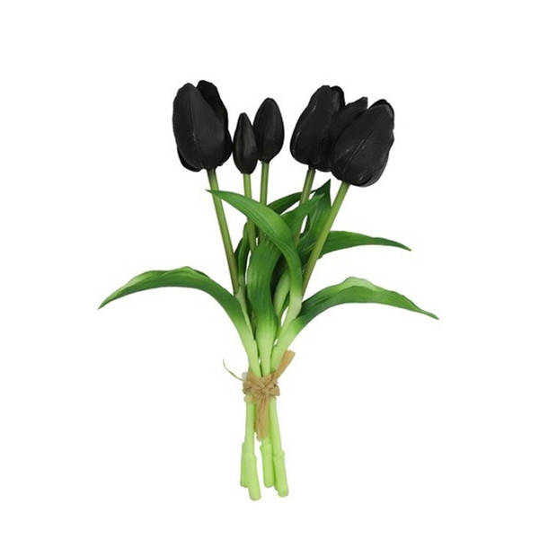 Countryfield Kunst tulpen boeket - 5x stuks - zwart - real touch - 28 cm - Kunstbloemen