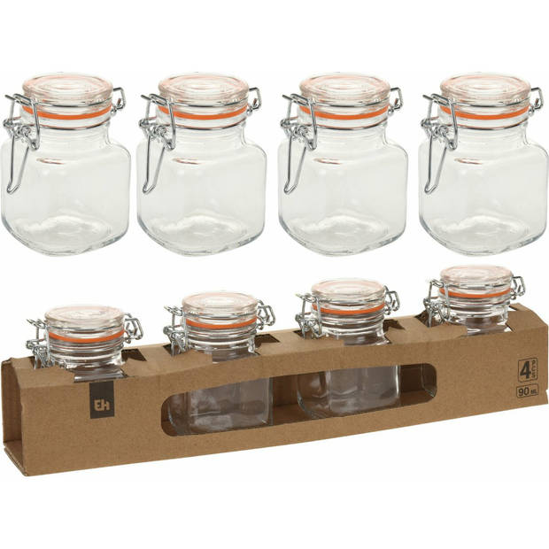 Excellent Houseware Weckpot/Voorraadpot Mini - 4x stuks - met beugelsluiting - 90ml - 7 x 5 cm - Weckpotten