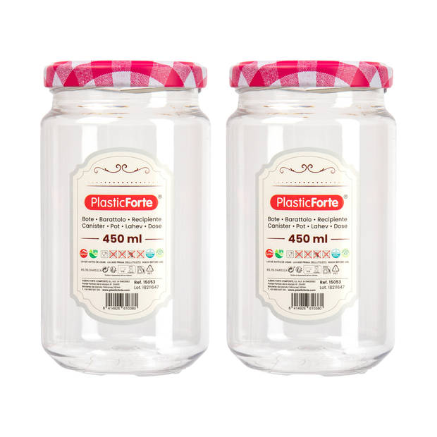 Plasticforte Weckpot/inmaakpot Classic - 2x - 450ml - kunststof - draaideksel roze - D7 x H13 cm - Weckpotten