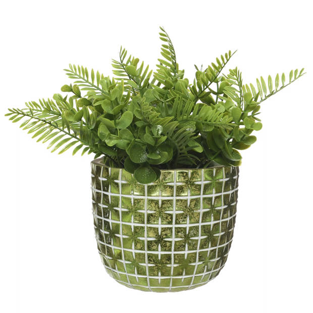 Ideas4seasons Bloempot ruit motief Hanoi - 2x - metallic groen - D10 x H8 cm - Plantenpotten