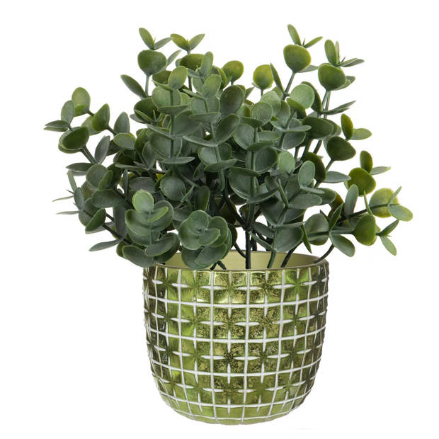 Ideas4seasons Bloempot ruit motief Hanoi - 2x - metallic groen - D12 x H10 cm - Plantenpotten