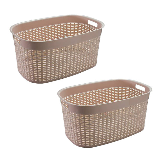 Hega Hogar Rotan line wasmand - 2x - beige - inhoud 44 liter - kunststof - 58 x 39 x 27 cm - Wasmanden