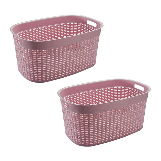 Hega Hogar Rotan line wasmand - 2x - roze - inhoud 44 liter - kunststof - 58 x 39 x 27 cm - Wasmanden