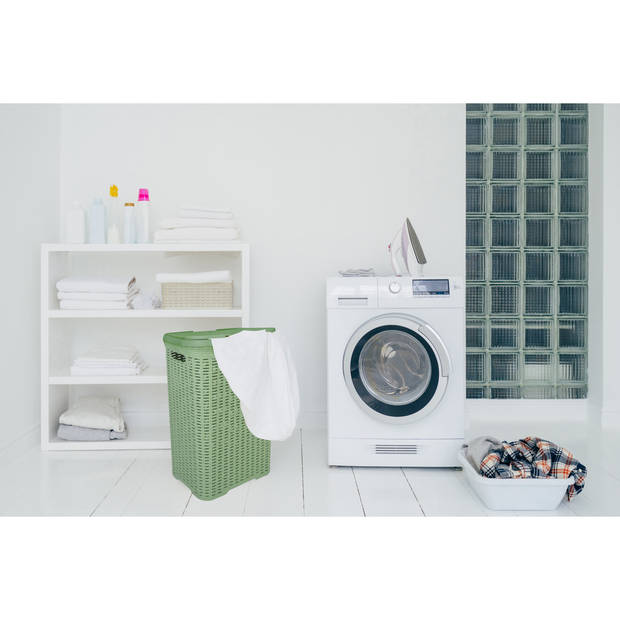 Hega Hogar Wasmand met deksel Rotan - groen - kunststof - 60L - 34 x 43 x 62 cm - Wasmanden