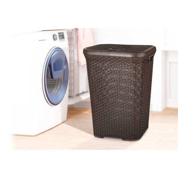 Hega Hogar Wasmand met deksel Rotan - 2x - donkerbruin - kunststof - 60L - 34 x 43 x 62 cm - Wasmanden