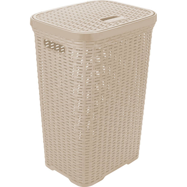 Hega Hogar Wasmand met deksel Rotan - 2x - beige - kunststof - 60L - 34 x 43 x 62 cm - Wasmanden