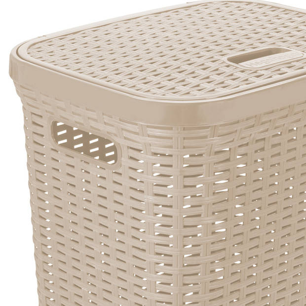 Hega Hogar Wasmand met deksel Rotan - beige - kunststof - 60L - 34 x 43 x 62 cm - Wasmanden