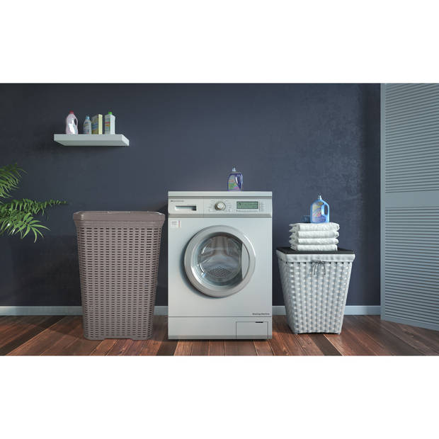 Hega Hogar Wasmand met deksel Rotan - taupe - kunststof - 60L - 34 x 43 x 62 cm - Wasmanden