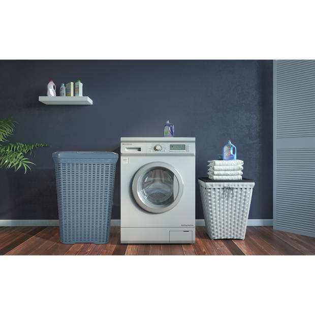 Hega Hogar Wasmand met deksel Rotan - denim blauw - kunststof - 60L - 34 x 43 x 62 cm - Wasmanden