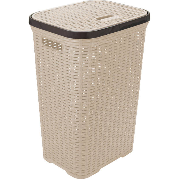 Hega Hogar Wasmand met deksel Rotan - 2x - beige - kunststof - 60L - 34 x 43 x 62 cm - Wasmanden