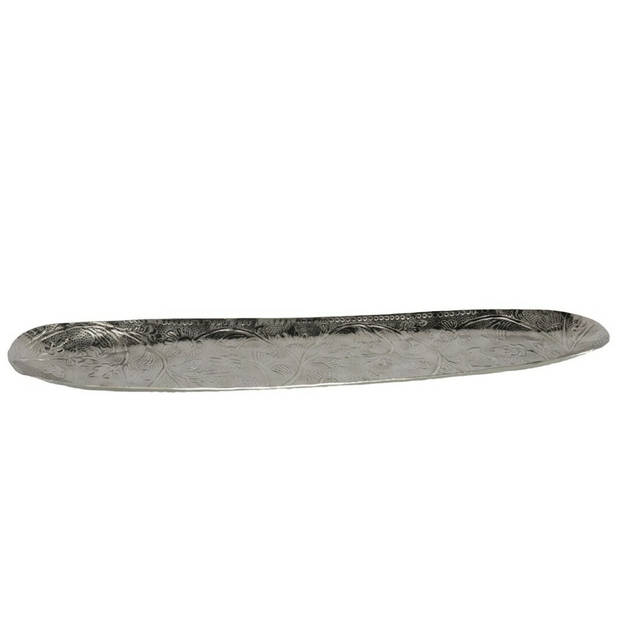 Kaarsen plateau met rand en reliefwerk - ovaal/bladvorm - metaal - zilver - 67.5 x 16 cm - Kaarsenplateaus