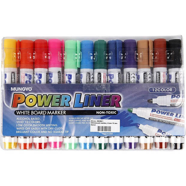Whiteboard markers/stiften Power Liners - in 12x kleuren - punt van 4 mm - Whiteboard stift