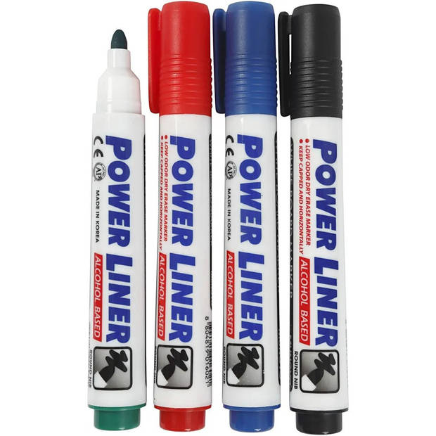 Whiteboard markers/stiften Power Liners - in 4 kleuren - punt van 4 mm - Whiteboard stift