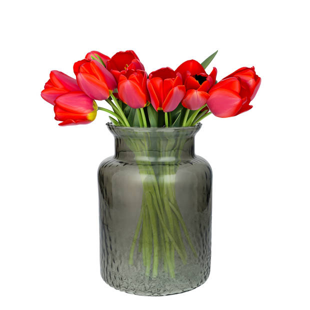 Bloemenvaas Base - grijs transparant glas - D19 x H25 cm - decoratieve vaas - bloemen/takken - Vazen