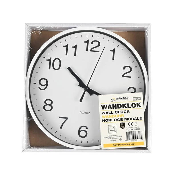 Benson Wandklok/muur klok - wit - kunststof - Dia 20 cm - 1x AA-batterij - modern - Wandklokken