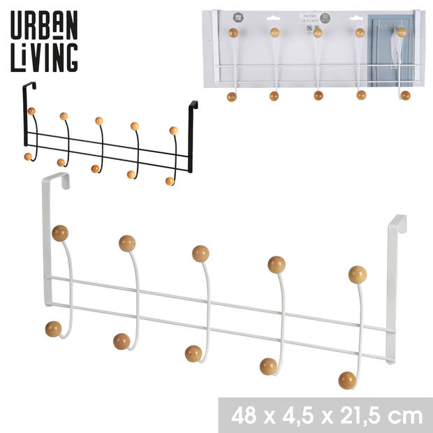 Urban Living Deur ophang kapstok - met 10x ophanghaken/knoppen - wit/beige - B48 x H21 cm - Kapstokken