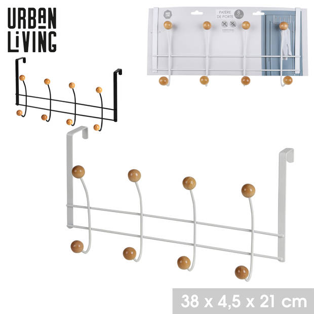 Urban Living Deur ophang kapstok - met 8x ophanghaken/knoppen - zwart/beige - B38 x H21 cm - Kapstokken