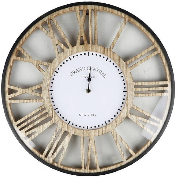 Urban Living Wandklok Grand Central - Open structuur - Dia 50 cm - hout/kunststof - beige/grijs - Wandklokken