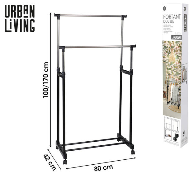 Urban Living Kledingrek - dubbele stang - metaal - zwart - 80x42x170cm - Kledingrekken