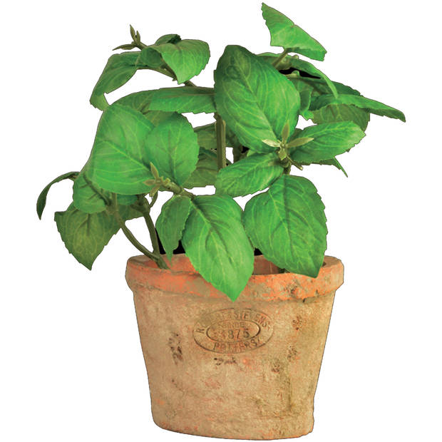 Esschert Design Kunstplant/kruiden basilicum - in oude terracotta pot - 15 cm - kruiden - Kunstplanten