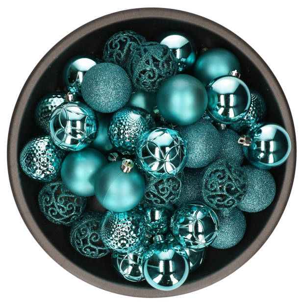 37x stuks kunststof kerstballen turquoise blauw 6 cm inclusief kerstbalhaakjes - Kerstbal