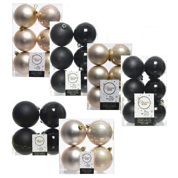 Kerstversiering kunststof kerstballen mix zwart/champagne 6-8-10 cm pakket van 44x stuks - Kerstbal