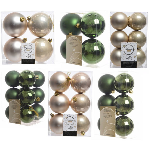 Kerstversiering kunststof kerstballen mix champagne/donkergroen 6-8-10 cm pakket van 44x stuks - Kerstbal