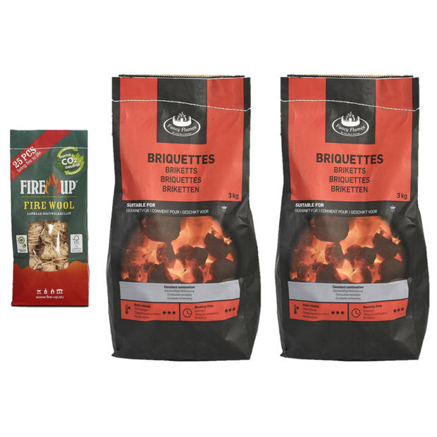 BBQ starterspakket - houtskool briketten 6 kilo - barbecue aanmaak houtwolkrullen 25x - Briketten