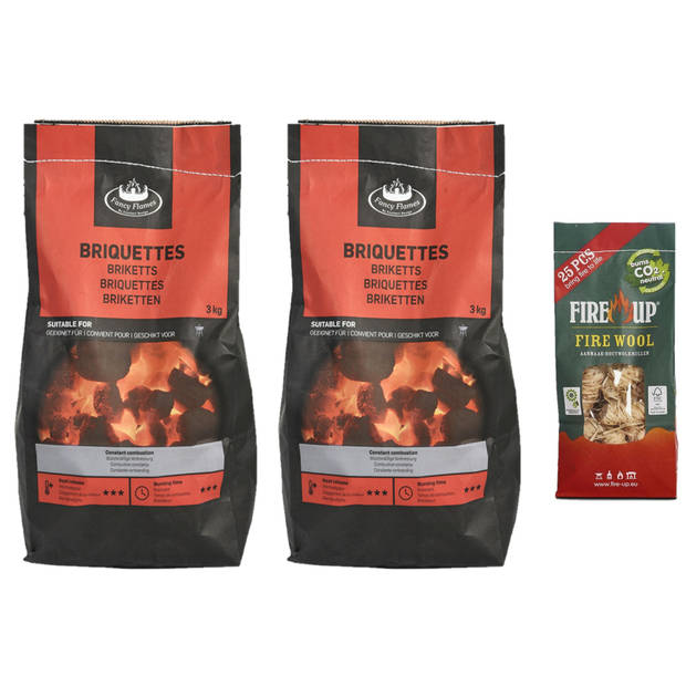 BBQ starterspakket - houtskool briketten 6 kilo - barbecue aanmaak houtwolkrullen 25x - Briketten