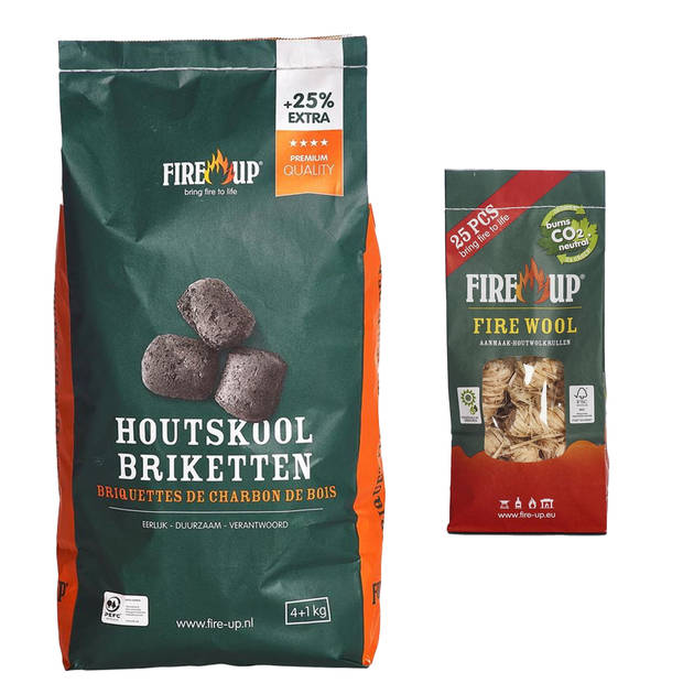 BBQ starterspakket - houtskool briketten 5 kilo - barbecue aanmaak houtwolkrullen 25x - Briketten