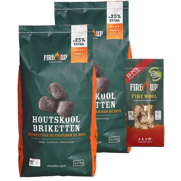 BBQ starterspakket - houtskool briketten 10 kilo - barbecue aanmaak houtwolkrullen 25x - Briketten