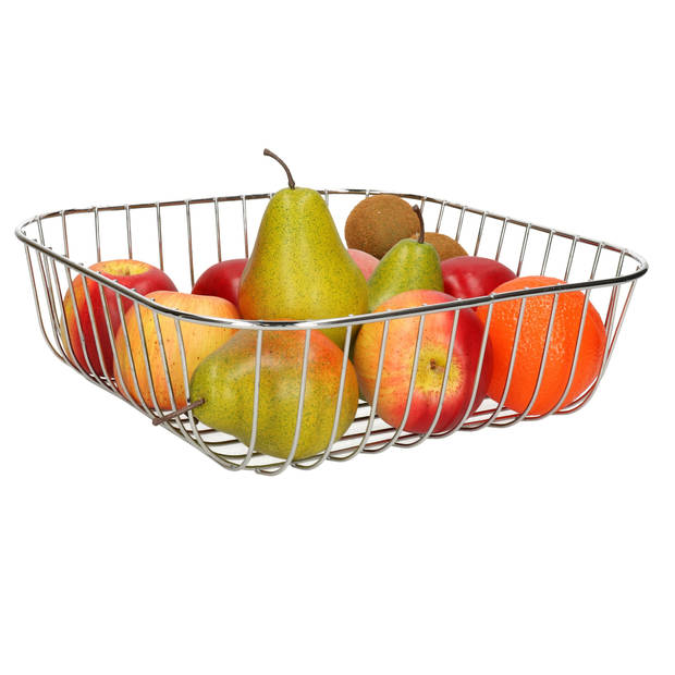 Kinvara Fruitschaal/fruitmand Royal metall - draad metaal - D30 x H9 cm - zilver - vierkant - Fruitschalen