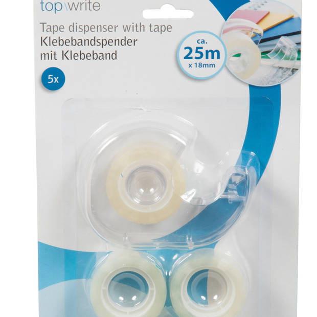 Topwrite Plakbandhouder - mini - met 5x rolletjes plakband - transparant - kunststof - Plakbandhouder