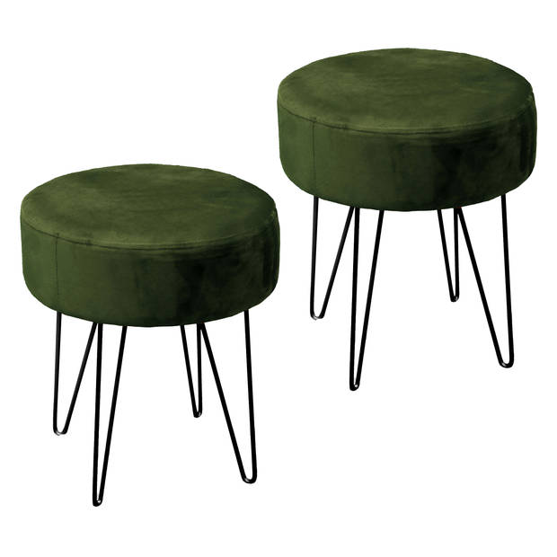 Unique Living Kruk Davy - 2x - velvet - groen - metaal/stof - D35 x H40 cm - Krukjes