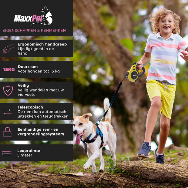 MaxxPet Hondenriem - Rollijn hond - Hondenlijn 5 meter - Halsband - Leiband hond met remknop - tot 15 kg - Geel