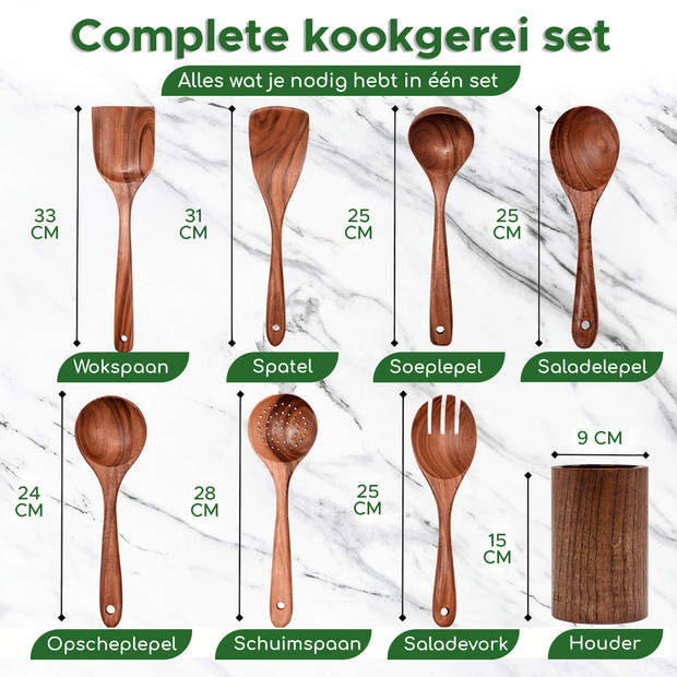 Bikolo® - Keukengerei Set 7-Delig + Houder - Kookgerei Set - Houten Spatel - Spatelpot - Lepelpot - Spatelset - Teakhout