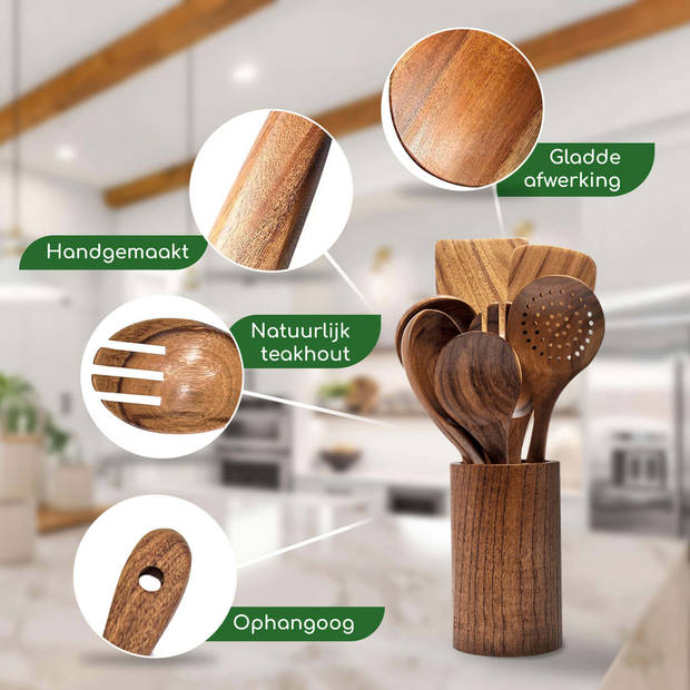 Bikolo® - Keukengerei Set 7-Delig + Houder - Kookgerei Set - Houten Spatel - Spatelpot - Lepelpot - Spatelset - Teakhout