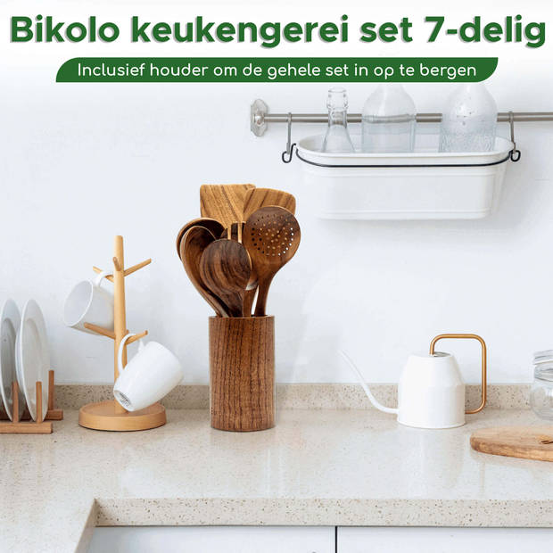 Bikolo® - Keukengerei Set 7-Delig + Houder - Kookgerei Set - Houten Spatel - Spatelpot - Lepelpot - Spatelset - Teakhout