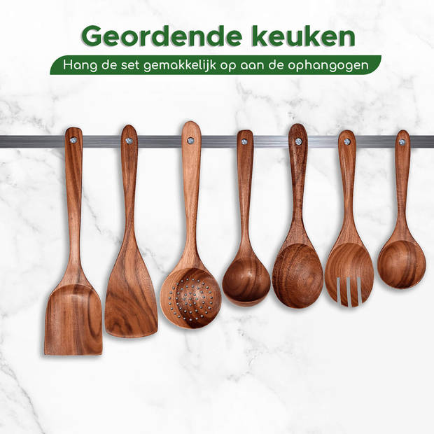 Bikolo® - Keukengerei Set 7-Delig + Houder - Kookgerei Set - Houten Spatel - Spatelpot - Lepelpot - Spatelset - Teakhout