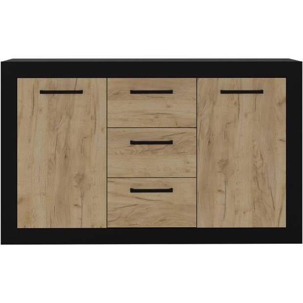 STONE INDUS dressoir 2 deuren + 3 lades - Rustiek eiken en zwarte melamine - Industriële stijl - L147 x D37 x H89 cm