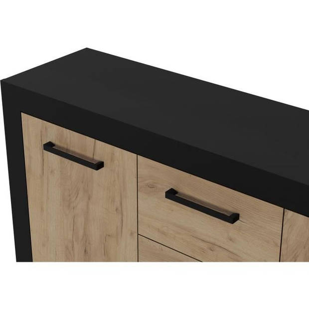 STONE INDUS dressoir 2 deuren + 3 lades - Rustiek eiken en zwarte melamine - Industriële stijl - L147 x D37 x H89 cm