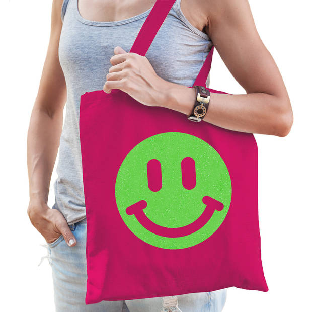 Bellatio Decorations Cadeau tas dames - smiley - fuchsia - katoen - 42 x 38 cm -Moederdag - verjaardag - Feest Boodschap