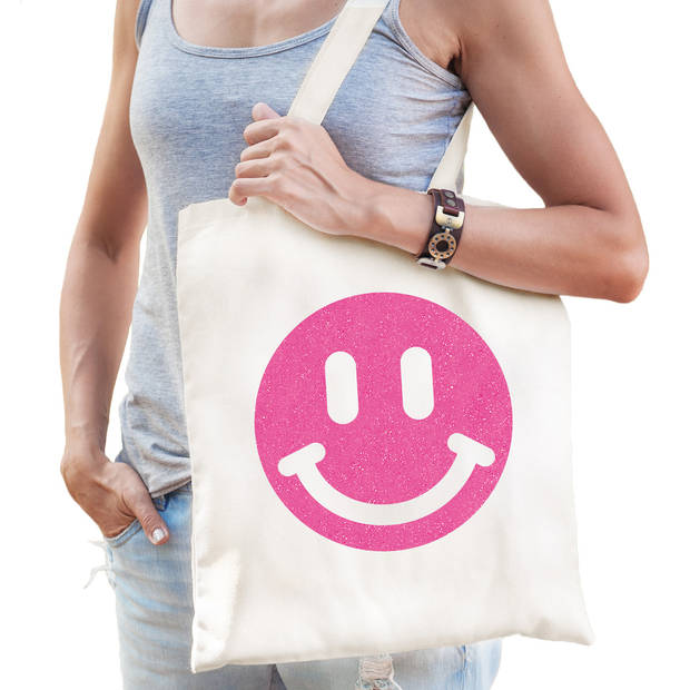 Bellatio Decorations Cadeau tas dames - smiley - wit - katoen - 42 x 38 cm -Moederdag - verjaardag - Feest Boodschappent