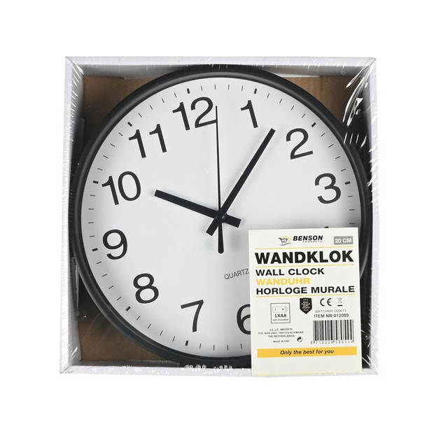 Benson Wandklok/muur klok - zwart/wit - kunststof - Dia 20 cm - 1x AA-batterij - modern - Wandklokken