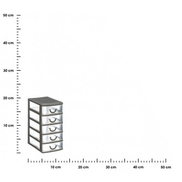 Five Ladeblokje kunststof met 5 lades - transparant/zwart - 9 x 13 x 19 cm - opberglades - Ladeblok