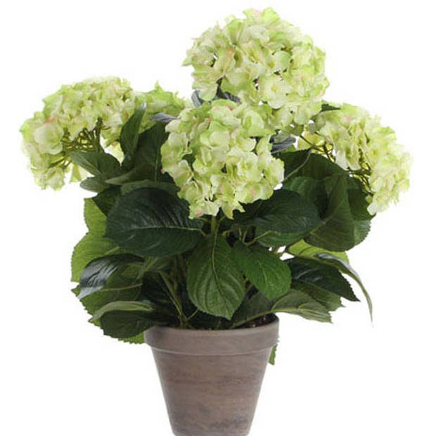 2x Groene hortensia kunstplanten 45 cm met grijze pot - Kunstplanten